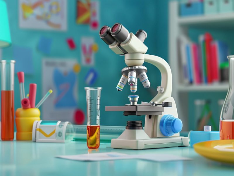 Laboratory workspace with a microscope and test tubes for scientific experiments.