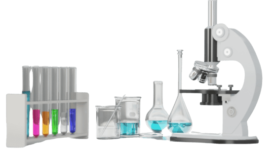 School science laboratory equipment with microscope, test tubes, and chemistry glassware