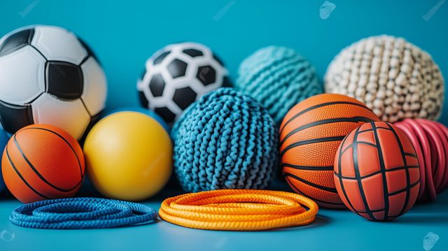 Colorful sports and textured balls on a blue background.