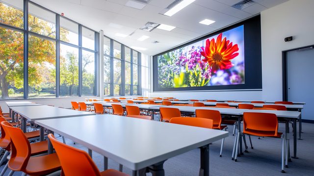Modern classroom with tables, chairs, and a digital screen.
