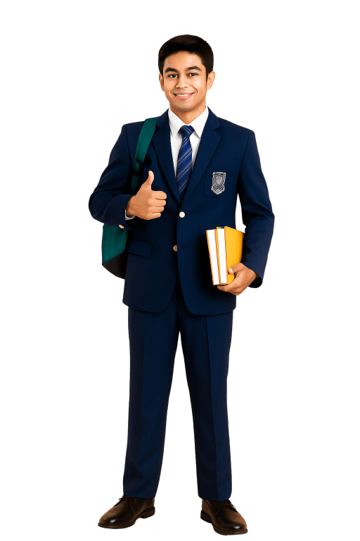 CBSE school student in formal uniform holding books and showing confidence