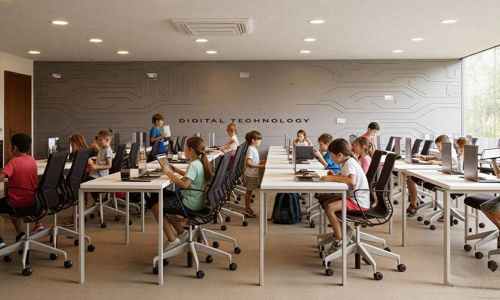 Students learning computers in a modern digital technology classroom