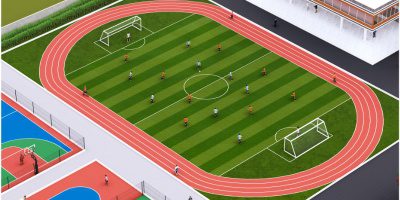 School sports ground with football field, athletic running track, and outdoor play area