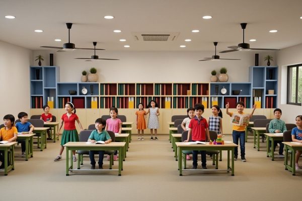 Interactive classroom with primary school students engaged in joyful learning activities
